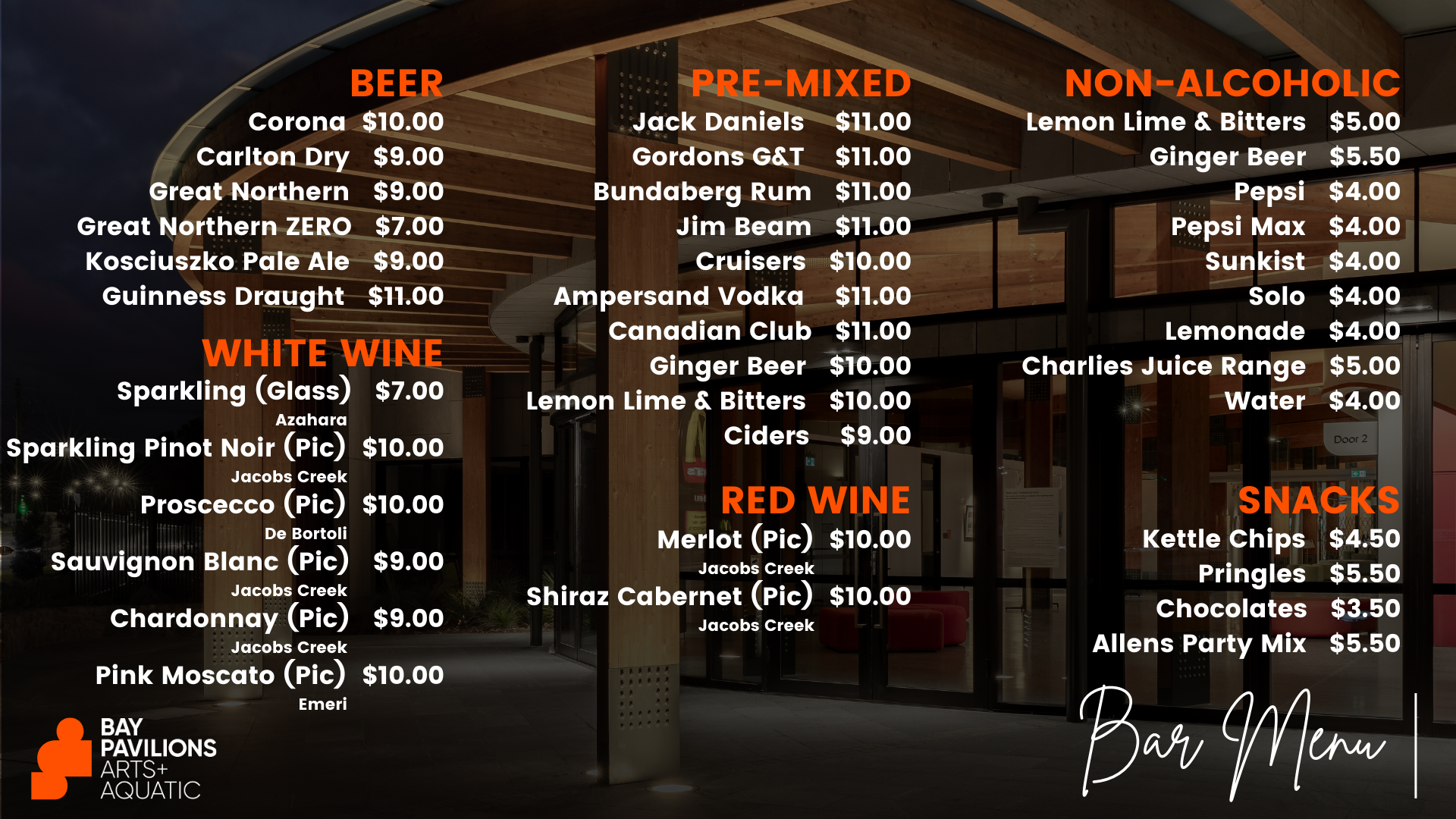 Bay Pavilions Arts+Aquatic Bar Menu